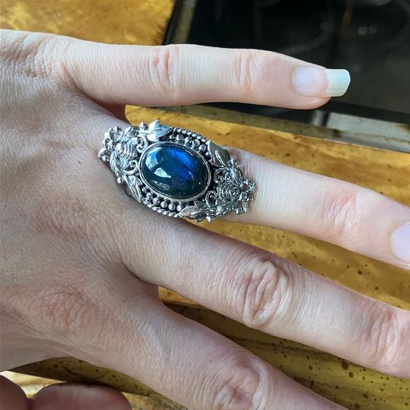 Natural Labradorite Sterling Silver Bumblebee Ring Size 7 - Picture 3 of 8